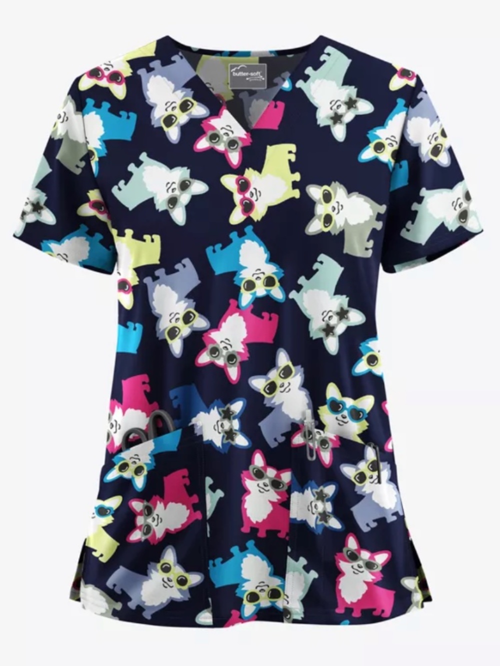 Butter-Soft STRETCH Party Animal Navy Women's 2-Pocket V-Neck Print Scrub Top